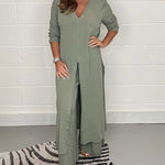 Nadorine Casual Two Pieces Suit V-Neck Long Sleeve Slit Hem Shirt Tops Wide-Leg Pants Sets