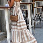 Summer Striped Print Patchwork Ruched Backless Maxi Dress