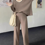 Loose Knitted Two-piece Set Sweaters Pullovers Jumpers + Wide Leg Pants
