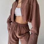 Two Piece Outfits Casual Lounge Sets Long Sleeve Short Casual Shirt with Drawstring Trousers Set