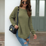 Nadorine Crew Neck Long Sleeve Slit Pullover Knit Sweater