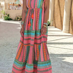 Sunlit Magic Linen Blend Ethnic Print Ruffle Sleeve Tassel Maxi Dress