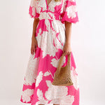 Elegant V-neck slim waist large swing skirt printed dress