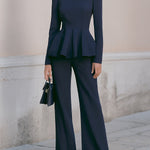 Navy Peplum Blazer & Wide-Leg Trouser Set