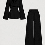 Long Sleeves Solid Color Split-Joint Tied Waist V-Neck Blouses&Shirts Tops
