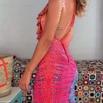 Tie-dye Print Ruffle Neck Halter Lace-up Backless Stretch Maxi Dress