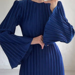 Pleated Bell Sleeve Back Tie Up Maxi Dress