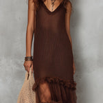 Bohemian Knitted Straight-cut Maxi Dress With Mesh Hem