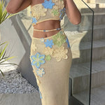 Susanna Knit Crochet Handmade Flower One Shoulder Stretch Crop Tank