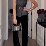 Fashionable and Avant-garde Faux Leather Belted Strapless Asymmetric Top