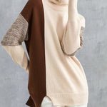 Nadorine Color Stitching Pullover Wool Long Sleeve Loose Turtleneck Knit Sweater