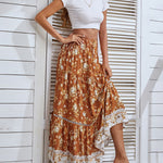 Nadorine Women's Bohemian Floral Skirt Elastic High Waist A- Line Tiered Flowy Beach Maxi Skirt