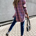 Flannel Plaid Shirts Batwing-Sleeve Button Down Roll Up Long Sleeve Collar Streetwear Blouse Tops