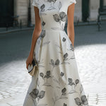 Floral Sketch Print Cap Sleeve Midi Dress