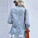 Nadorine Button Denim Jacket Distressed Ripped Long Sleeve Cute Jean Coat