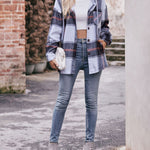 Nadorine Casual Mid-length Plaid Shirt Hooded Jacket