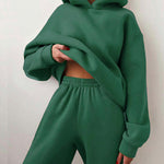 Nadorine Casual Solid Color Long Sleeve Hooded Sports Suit Hoodie Sweatshirt Two Piece Set