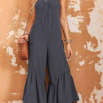 Grey Solid Color Sleeveless Flare Leg Jumpsuit with Pockets