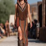 【24-hour shipping out】Western Retro Colorful Striped Knitted Tassel Hooded Slit Maxi Dress