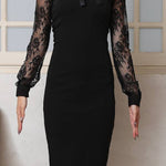 Aliya Lace Detachable Bow Collar Long Sleeve Stretch Midi Dress