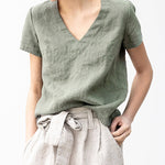 Solid Color V-neck Cotton Linen T-shirt Slim Casual Top