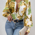 Long Sleeves Loose Buttoned Elasticity Flower Print Pleated Lapel Blouses&Shirts Tops