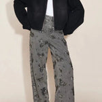 Jhenie Denim Beaded Sequin Floral Pattern Mid Rise Pocket Wide Leg Jeans