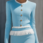 Elegant Vintage Gold Button Tassel Tweed Top And Skirt Set