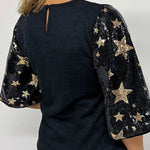 Black Star Sequin Patched Half Sleeve Blouse