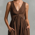 Women's Vintage Brown Cotton And Linen V-neck Sleeveless Pleated Midi Dress