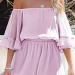 Paneled short-sleeved loose-fit solid chiffon jumpsuit