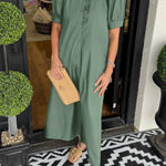 Women's Solid Puff Sleeve Button-Up Shirt Dress