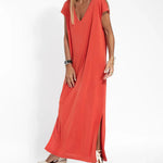 Nadorine Women's Casual V-neck Short Sleeve Loose Fit Slit Dress