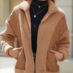 Long Sleeve Cardigan Zippered Plush Patchwork Women's Jacket