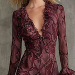 Elegant And Fashionable Burgundy Chiffon Snakeskin Pattern Ruffled Long-Sleeved Maxi Dress