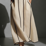 Women's Modern Linen Blend Beige Stand-Collar Half-Sleeve Contrast-Line Pocketed Maxi Dress