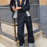 High Waisted Straight Leg Contrast Color Split-Joint Jean Pants Bottoms