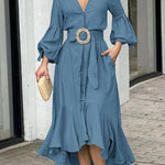 High-Low Puff Sleeves Pleated Solid Color Lapel Collar Maxi Dresses