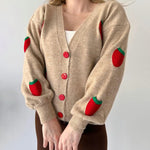 Nadorine Women's Casual Two Pieces Sets Strawberry Pattern Sweater Cardigan and Long Pants