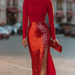 Radiant Red Two-Tone Sequin Midi Dress