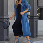 Retro Mid-length Denim Jacket Loose Fit Double-breasted Denim Jacket Windbreaker with Belt