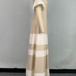 A-Line Flared Sleeves Contrast Color Pleated V-Neck Maxi Dresses