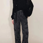 Jhenie Denim Beaded Sequin Floral Pattern Mid Rise Pocket Wide Leg Jeans