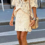 Fashion Holiday Lace Short Sleeve Hollow Top Skirt Set