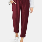 Solid High Waist Drawstring Pocket Loose Casual Trousers Pants