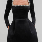 Jewel Trim Square Neck Padded Shoulder Mini Skirt