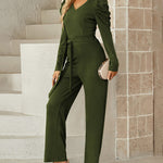 Loose V Neck Jumpsuit Long Sleeve Waist Belted Long Sleeve Wide Leg Playsuit