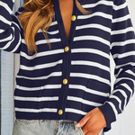 Casual Daily Stripe Buttons Weave O Neck Outerwear