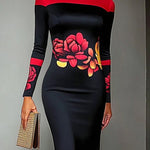 Bodycon Long Sleeves Flower Print High Neck Midi Dresses