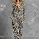 Casual Retro Gray Velvet Leopard Print Hooded Sweatshirt Wide-Leg Jumpsuit